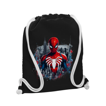 Spiderman City, Backpack pouch GYMBAG Black, with pocket (40x48cm) & thick white cords