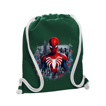 Spiderman City, Backpack pouch GYMBAG BOTTLE GREEN, with pocket (40x48cm) & thick white cords