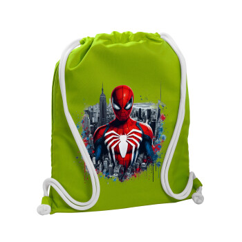 Spiderman City, Backpack bag GYMBAG LIME GREEN, with pocket (40x48cm) & thick cords