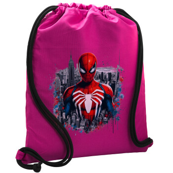 Spiderman City, Backpack pouch GYMBAG Fuchsia, with pocket (40x48cm) & thick cords