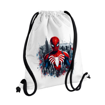 Spiderman City, Backpack pouch GYMBAG white, with pocket (40x48cm) & thick cords