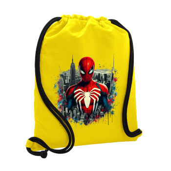 Spiderman City, Backpack pouch GYMBAG Yellow, with pocket (40x48cm) & thick cords