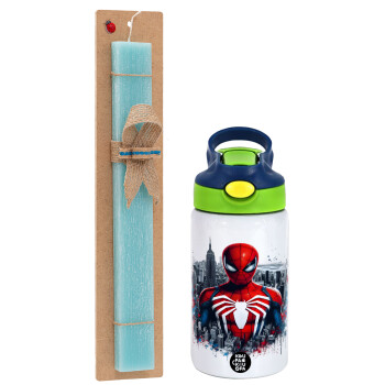 Spiderman City, Easter Set, Children's thermal stainless steel bottle with safety straw, green/blue (350ml) & aromatic flat Easter candle (30cm) (TURQUOISE)