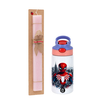 Spiderman City, Easter Set, Children's thermal stainless steel water bottle with safety straw, pink/purple (350ml) & Easter scented flat candle (30cm) (PINK)