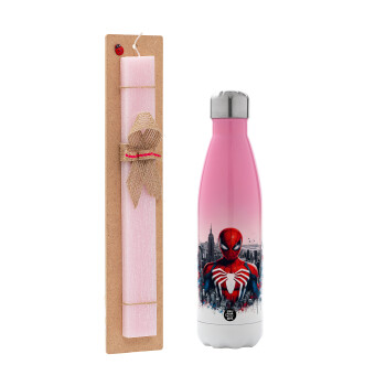 Spiderman City, Easter Set, Metallic pink/white (Stainless steel) thermos, double-walled, 500ml & aromatic flat Easter candle (30cm) (PINK)