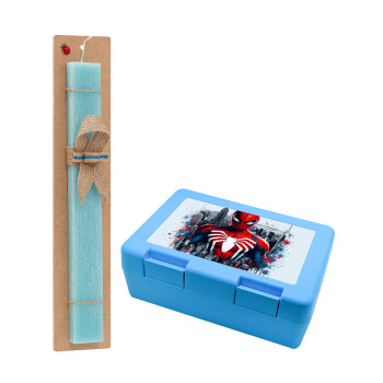 Spiderman City, Easter Set, children's snack container BLUE & Easter aromatic flat candle (30cm) (TURQUOISE)