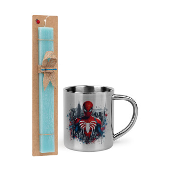 Spiderman City, Easter Set, metallic thermal cup (300ml) & aromatic flat Easter candle (30cm) (TURQUOISE)