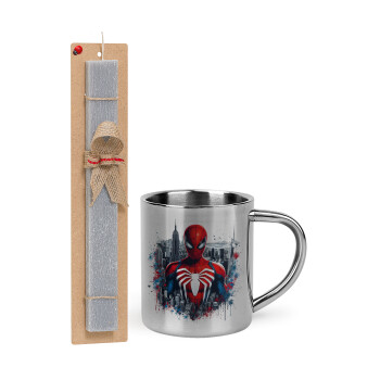 Spiderman City, Easter Set, metallic thermal cup (300ml) & Easter aromatic flat candle (30cm) (GRAY)