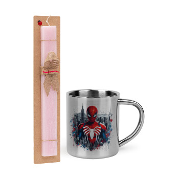 Spiderman City, Easter Set, metallic thermal cup (300ml) & aromatic flat Easter candle (30cm) (PINK)