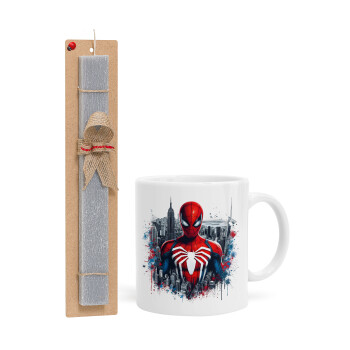 Spiderman City, Πασχαλινό Σετ, Κούπα κεραμική (330ml) & πασχαλινή λαμπάδα αρωματική πλακέ (30cm) (ΓΚΡΙ)