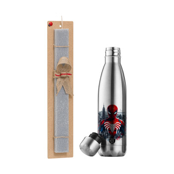 Spiderman City, Easter Set, metallic stainless thermos flask (500ml) & scented flat Easter candle (30cm) (GRAY)