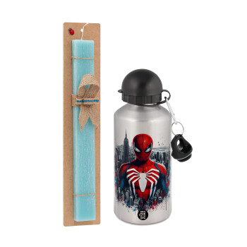 Spiderman City, Easter Set, metallic silver aluminum water bottle (500ml) & scented flat Easter candle (30cm) (TURQUOISE)