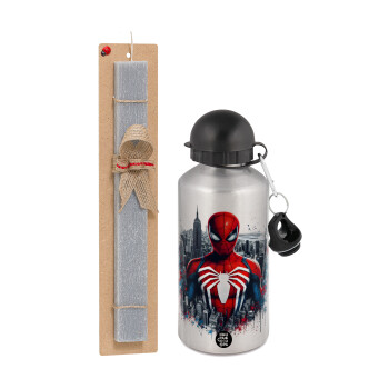 Spiderman City, Easter Set, metallic silver aluminum water bottle (500ml) & aromatic flat Easter candle (30cm) (GRAY)