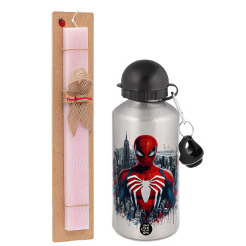 Spiderman City, Easter Set, metallic Silver aluminum water bottle (500ml) & scented flat Easter candle (30cm) (PINK)