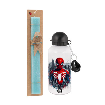 Spiderman City, Easter Set, metallic aluminum water bottle (500ml) & scented flat candle (30cm) (TURQUOISE)