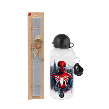 Spiderman City, Easter Set, metallic aluminum water bottle (500ml) & aromatic flat Easter candle (30cm) (GRAY)