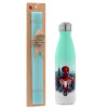 Easter Set, Metallic green/white thermos (Stainless steel), double-walled, 500ml & scented flat Easter candle (30cm) (TURQUOISE)