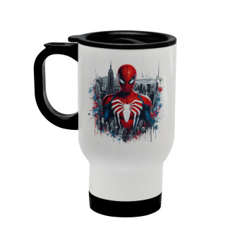 Spiderman City, Stainless steel travel mug with lid, double wall white 450ml