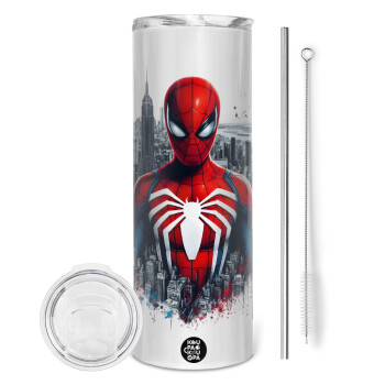 Spiderman City, Eco friendly ποτήρι θερμό (tumbler) από ανοξείδωτο ατσάλι 600ml, με μεταλλικό καλαμάκι & βούρτσα καθαρισμού