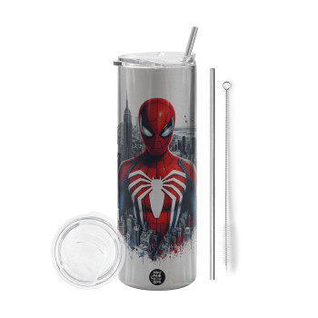 Spiderman City, Tumbler stainless steel Silver 600ml, with metal straw & cleaning brush