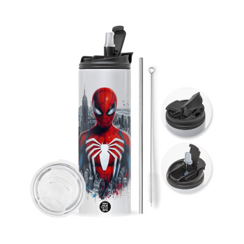 Spiderman City, Travel Tumbler θερμό με διπλό καπάκι, μεταλλικό καλαμάκι και βούρτσα καθαρισμού (Ανωξείδωτο 304 Food grade, BPA free, 600ml)