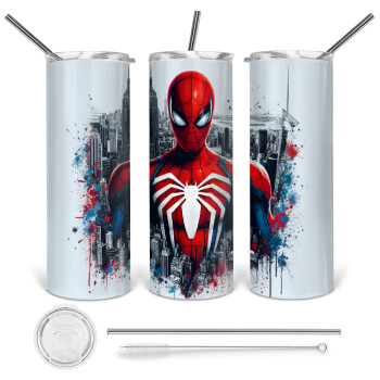 Spiderman City, 360 Eco friendly ποτήρι θερμό (tumbler) από ανοξείδωτο ατσάλι 600ml, με μεταλλικό καλαμάκι & βούρτσα καθαρισμού