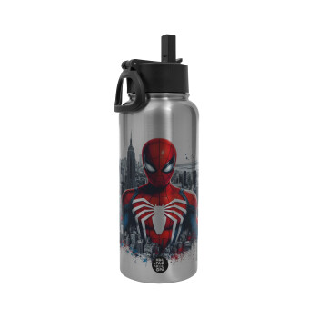 Spiderman City, Metal mug thermo Silver with Straw and Spout Lid (Stainless steel), double wall, 950ml