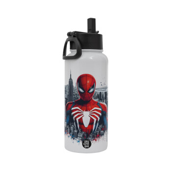 Spiderman City, Metal mug thermo White with Straw and Spout Lid (Stainless steel), double wall, 950ml