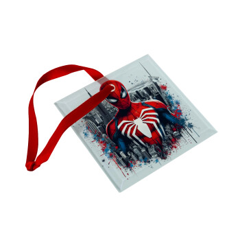 Spiderman City, Christmas ornament, glass square ornament 9x9cm