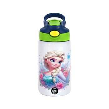 Elsa Princess, Children's hot water bottle, stainless steel, with safety straw, green, blue (350ml)