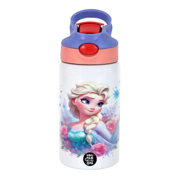 Elsa Princess, Children's hot water bottle, stainless steel, with safety straw, pink/purple (350ml)