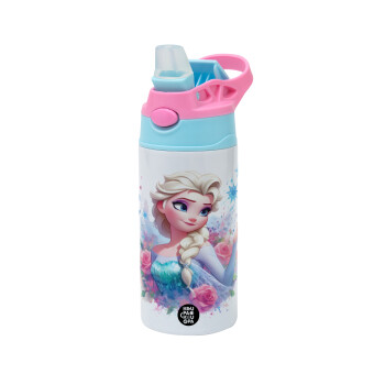 Elsa Princess, Children's hot water bottle, stainless steel, with safety straw, Pink/BlueCiel (360ml) BPA FREE