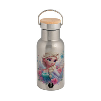 Elsa Princess, Stainless steel metallic thermos flask, silver with a bamboo lid, double-walled, 350ml.