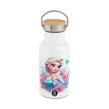 Elsa Princess, Metallic thermos (Stainless steel) White with wooden lid (bamboo), double-walled, 350ml