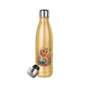 Elsa Princess, Glitter gold stainless steel thermos bottle, double-walled, 500ml