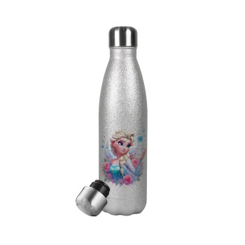 Elsa Princess, Μεταλλικό παγούρι θερμός Glitter Aσημένιο (Stainless steel), διπλού τοιχώματος, 500ml