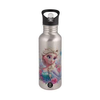 Elsa Princess, Water bottle Silver with straw, stainless steel 600ml