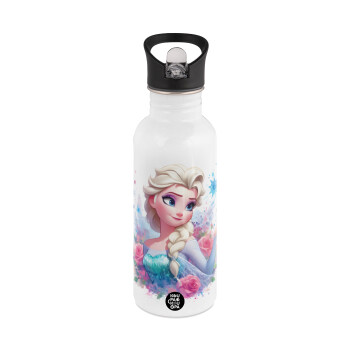 Elsa Princess, White water bottle with straw, stainless steel 600ml