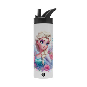 Elsa Princess, Metallic thermos bottle with straw & handle, stainless steel (Stainless steel 304), double-walled, 600ml.