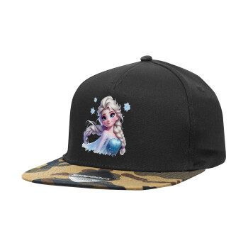 Elsa Princess, Adult Flat Snapback Hat Black/Camouflage, (100% COTTON TWILL, ADULT, UNISEX, ONE SIZE)