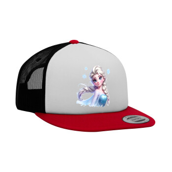 Elsa Princess, Adult Foam Flat Snapback with Mesh Red-White-Black (POLYESTER, ADULT, UNISEX, ONE SIZE)