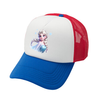 Elsa Princess, Adult Soft Trucker Hat with Red/Blue/White Mesh (POLYESTER, ADULT, UNISEX, ONE SIZE)