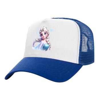 Elsa Princess, Adult Structured Trucker Hat, with Mesh, WHITE/BLUE (100% COTTON, ADULT, UNISEX, ONE SIZE)