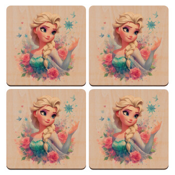 Elsa Princess, ΣΕΤ x4 Σουβέρ ξύλινα τετράγωνα plywood (9cm)