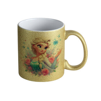 Elsa Princess, Κούπα Χρυσή Glitter που γυαλίζει, κεραμική, 330ml