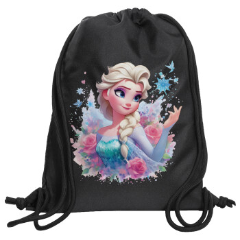 Elsa Princess, Τσάντα πλάτης πουγκί GYMBAG Μαύρη, με τσέπη (40x48cm) & χονδρά κορδόνια