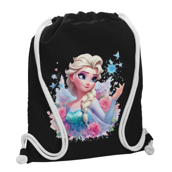 Elsa Princess, Τσάντα πλάτης πουγκί GYMBAG Μαύρη, με τσέπη (40x48cm) & χονδρά λευκά κορδόνια