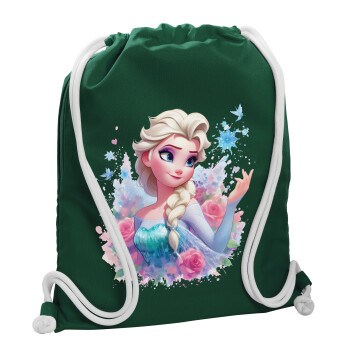 Elsa Princess, Τσάντα πλάτης πουγκί GYMBAG BOTTLE GREEN, με τσέπη (40x48cm) & χονδρά λευκά κορδόνια