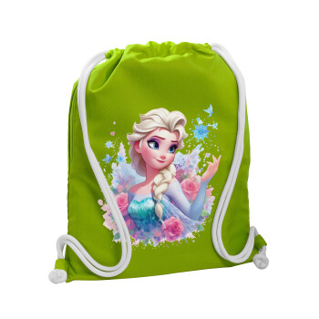 Elsa Princess, Backpack bag GYMBAG LIME GREEN, with pocket (40x48cm) & thick cords