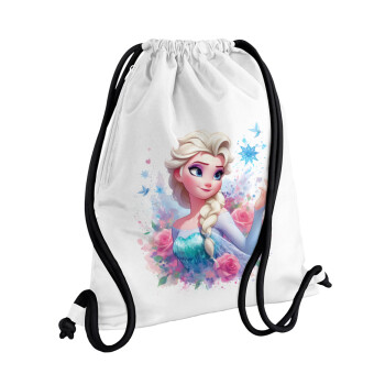 Elsa Princess, Backpack pouch GYMBAG white, with pocket (40x48cm) & thick cords